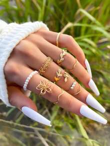 可堆叠金戒指，心形水钻，多种款式，指节戒指，厚金戒指套装，精致堆叠可爱戒指，各种尺寸，可爱的珠宝礼品套装 - 均碼 - 查看 6