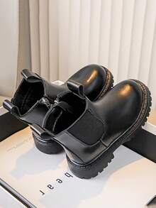 幼儿儿童皮革切尔西靴男童女童踝靴，带拉链和松紧带 - 黑色 - 查看 6