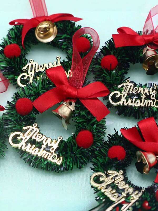 2 Stück - 6cm rote Schleifen Kranz Weihnachtsszene Deko Anhänger Weihnachtskranz Weihnachtsdekoration, Weihnachtsdeko Geschenke