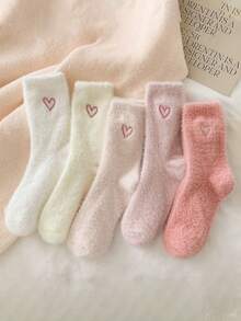 5 Pairs Of Pink Fuzzy Women's Crew Socks, Heart-Shaped Warm Socks, Soft And Comfortable, Suitable For Autumn And Winter,Random Colors