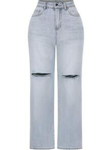 THUNDER Womens High Waisted Wide Leg Jeans Stretchy Distressed Pants - 1# Biru Muda - View 12
