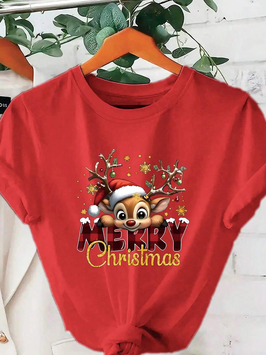 Women's Christmas Slogan Print Short Sleeve Casual Round Neck Regular T-Shirt - Red - View 1