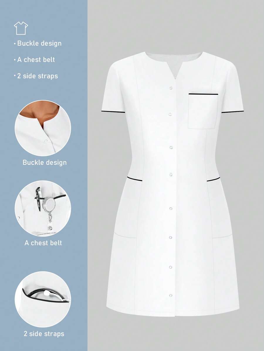 cimmuovere 女式圆领短袖前开口袋手术服护士服工作服牙医保健宠物医院实验室连衣裙