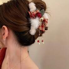 Elegant Christmas Plush Bow Tassel Hairpin For Ladies - Red And Green Rectangular Non- Hair Claw With Faux Fur, Pine Leaves And Gold Accents, Suitable For Updos, Parties, Holidays And Mother's Day Gifts