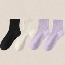 4 Pairs Women's Wide Mouth Dotted Mesh Thin Cotton Casual Socks, Japanese Style Daily Wear, Odor Resistant Mid-Calf Socks