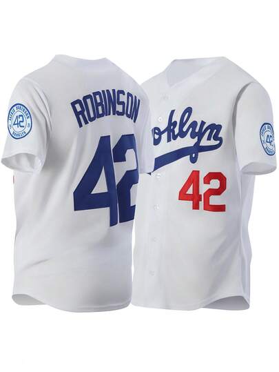 Men's Embroidery Baseball Jersey 42 White Casual Short Sleeve V-Neck Button T-Shirts Party Sports Top