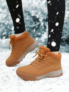 Women's Fashionable Ankle Snow Boots, Outdoor Sports Lace-Up Anti-Slip Hiking Boots, Warm Thermal Lined Walking Shoes, Camel Ankle Boots For Winter - Camel - View 2