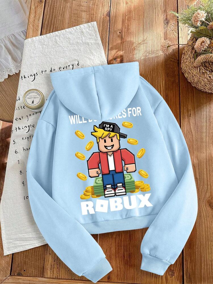 Sudadera con capucha de estilo de dibujos animados de niño con imagen de niño de píxeles y estampado de monedas de oro para niño preadolescente, ropa de estudiante de manga larga para otoño e invierno - Azul - Añade 2