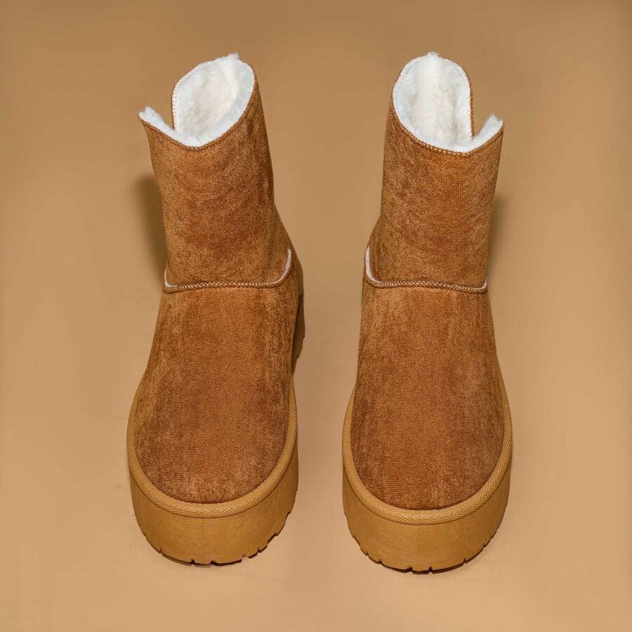 SuperG Women's Platform Furry Ankle Winter Boots Warm Soft Plush Lined Fabric Upper Casual Slip On Fashion Snow Booties - 駝色 - 查看 1