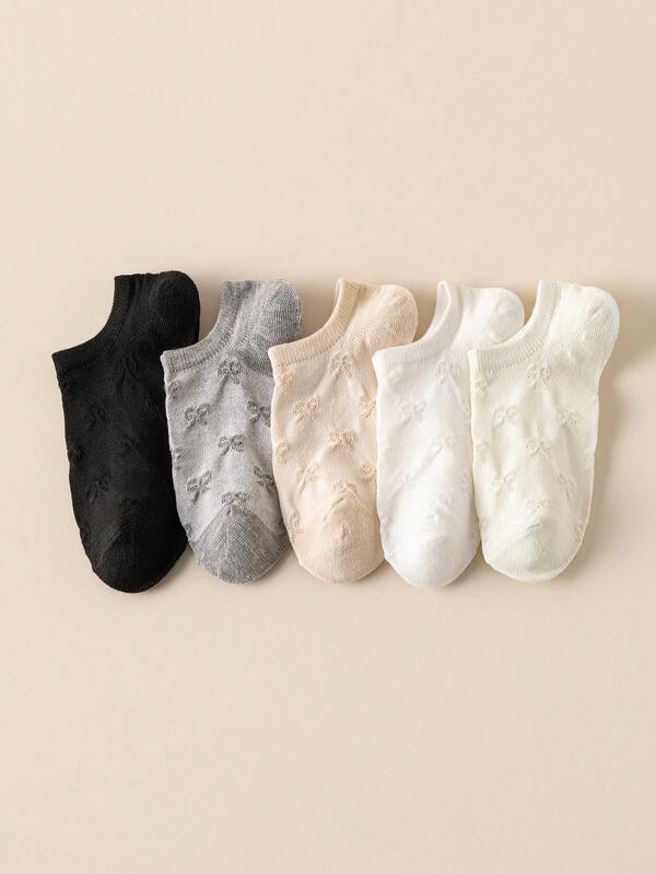 5 Pairs Women's Shallow Mouth Low-Cut Boat Socks, Minimalist Solid Color Versatile, Bowknot Design, Skin-Friendly Comfortable Breathable Soft