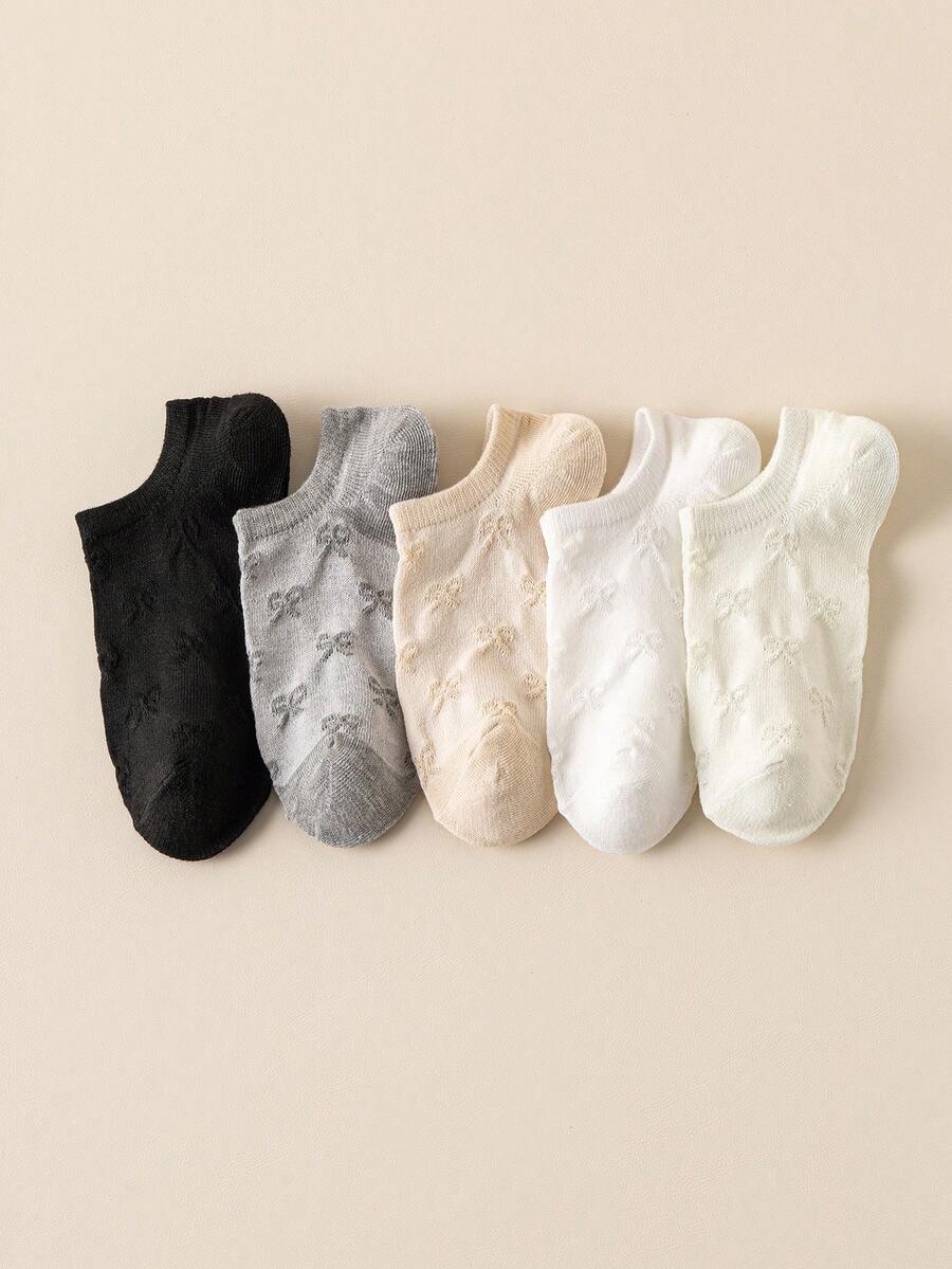 5 Pairs Women's Shallow Mouth Low-Cut Boat Socks, Minimalist Solid Color Versatile, Bowknot Design, Skin-Friendly Comfortable Breathable Soft