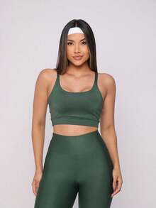 Premium Suplex Fitness Set With Pants And Non-Transparent Cup Top, Fitness Gym Clothing Kit, High Compression Leggings - 全綠色 - 查看 1