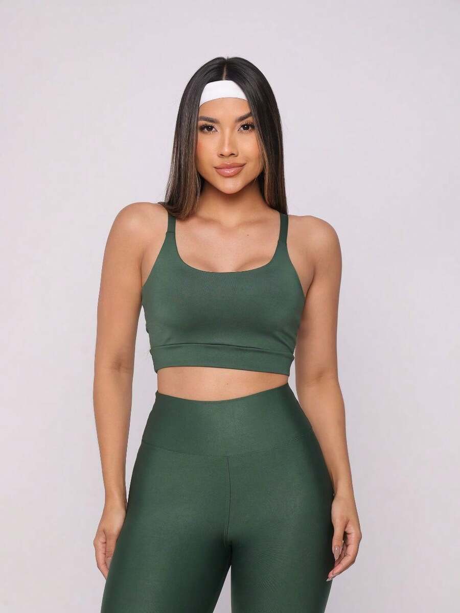 Premium Suplex Fitness Set With Pants And Non-Transparent Cup Top, Fitness Gym Clothing Kit, High Compression Leggings - 全綠色 - 查看 1