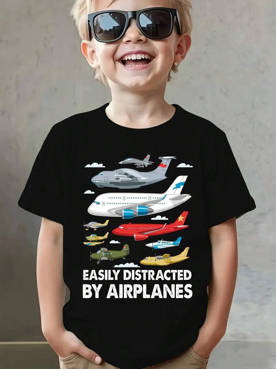Summer Fashion Boys' Short Sleeve T-Shirt "EASILY DISTRACTED BY AIRPLANES" Airplane Element Print Casual Top NY-DX5552 Minimalist Style Sweatshirt - 黑色 - 查看 1