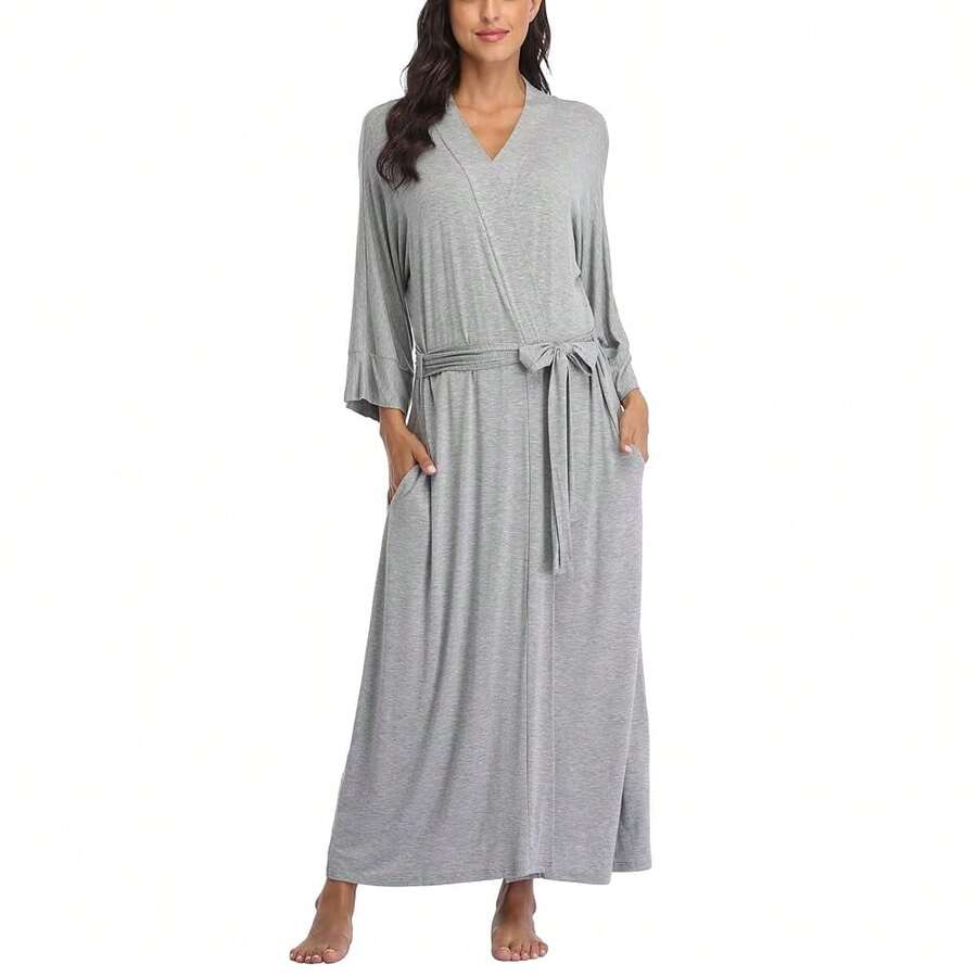Women's Kimono Robes Soft Long Knit Bathrobe Lightweight Cotton Sleepwear Casual Loungewear Dressing Gown{"Size_name":"X-Large","Color_name":"LightGrey"} - 淺灰色 - 查看 1