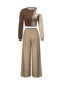 Casual Style Slim Stitching Printing Long-Sleeved Round Neck T-Shirt Shirt Woven Straight Trousers Ladies Summer Clothing Two Pieces Suit