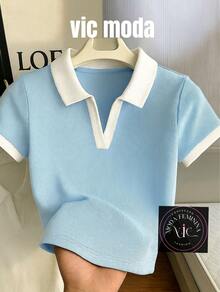 Women's Polo Work T-Shirt, Short Sleeve, Cotton - 淺藍色 - 查看 1