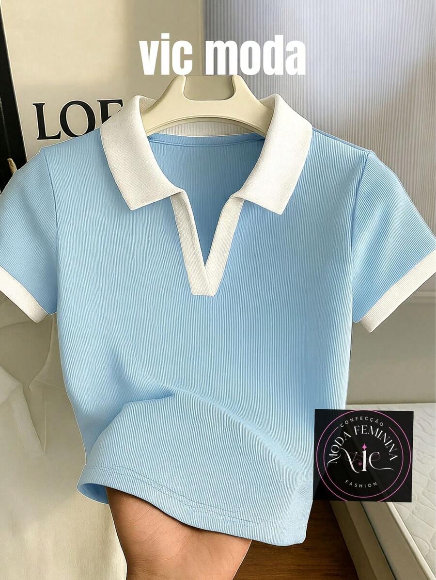 Women's Polo Work T-Shirt, Short Sleeve, Cotton - 淺藍色 - 查看 1