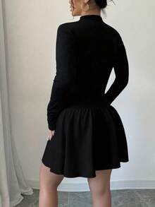 Plus Size Women's Black Ruffle Hem A-Line Mini Dress, Long Sleeve, Mock Neck, Slim Fit, Elegant & Versatile For Daily, Vacation, Holiday, Christmas, New Year - Black - View 4