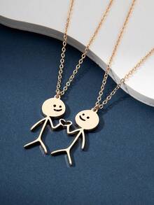 2pcs Cute Matchstick Heart Pendant Necklace Set, Couple Necklace For Lovers, Daily Wear Jewelry, Valentine's Day Gift - Yellow Gold - View 5