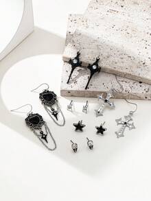 6 Pairs Gothic Demon Eye, Star, Skull, Cross, Heart Tassel Earrings Set, Versatile Design For Party, Halloween