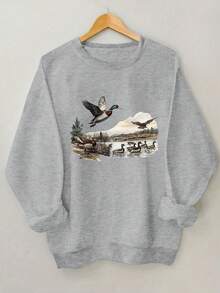 Plus Size Women's Daily Wild Ducks Flying Over The Shore And On The Water, Amidst The Scenery Of Pine Trees, Lakes, And Distant Mountains Pattern Sweatshirt Round Neck Long Sleeves Casual Spring/Summer/Fall Women's Plus-Size Long-Sleeved Sweatshirt Thanksgiving Day Going Out Tops Women,Vacation Outfits Women - Light Grey - View 5