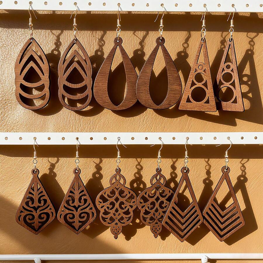 6pairs Bohemian Style Wooden Hollow Earrings, Geometric Teardrop Triangle Design Dangle Earrings, Suitable For Daily Wear, Women's Jewelry For Holidays And Parties, Lightweight Suitable For Autumn/Winter - Brown - View 1