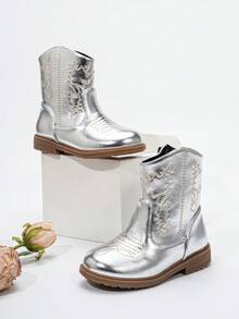 Autumn/Winter Embroidered Totem Boots, New Wear-Resistant Warm Comfortable Flat Western Style Versatile Baby Boots - Silver - View 4