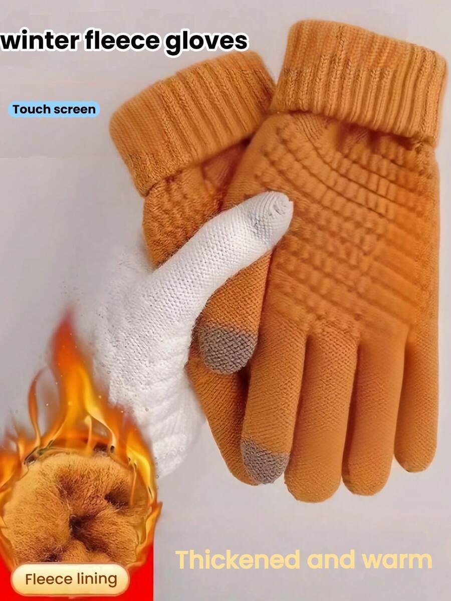 1 Pair Multicolor Winter European & American Popular Thick Velvet Knitted Five-Finger Universal Unisex Solid Color Gloves, Windproof
