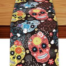 Chemin de table en lin pour le Jour des Morts mexicain, chemin de table avec crâne de sucre pour le Jour des Morts au Mexique, pour la décoration de table à la maison et les fêtes