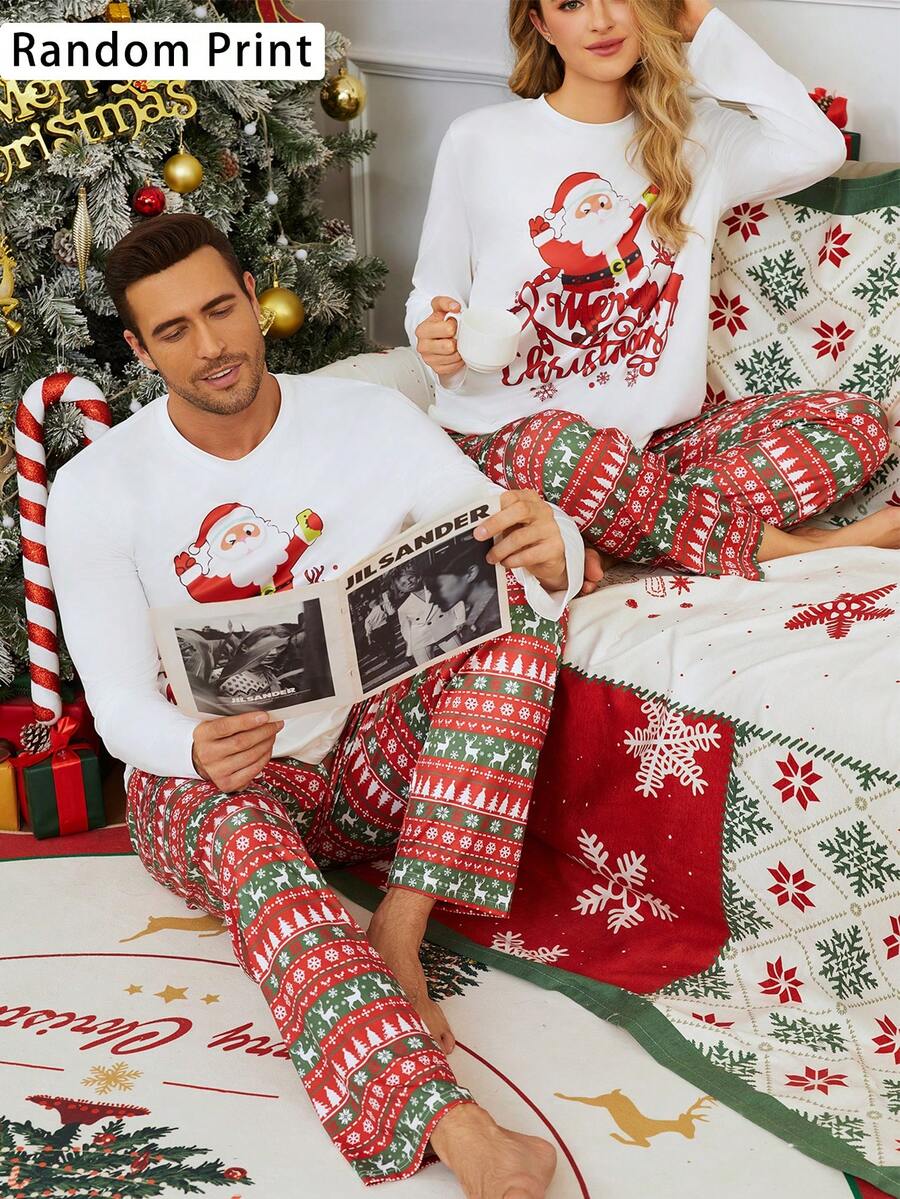 2pcs/Set Men's Christmas Random Print Pattern Regular Fit Crew Neck Pullover Sweatshirt And Pants Loose Pajama Set, Lightweight For Spring/Autumn - Red and White - View 1