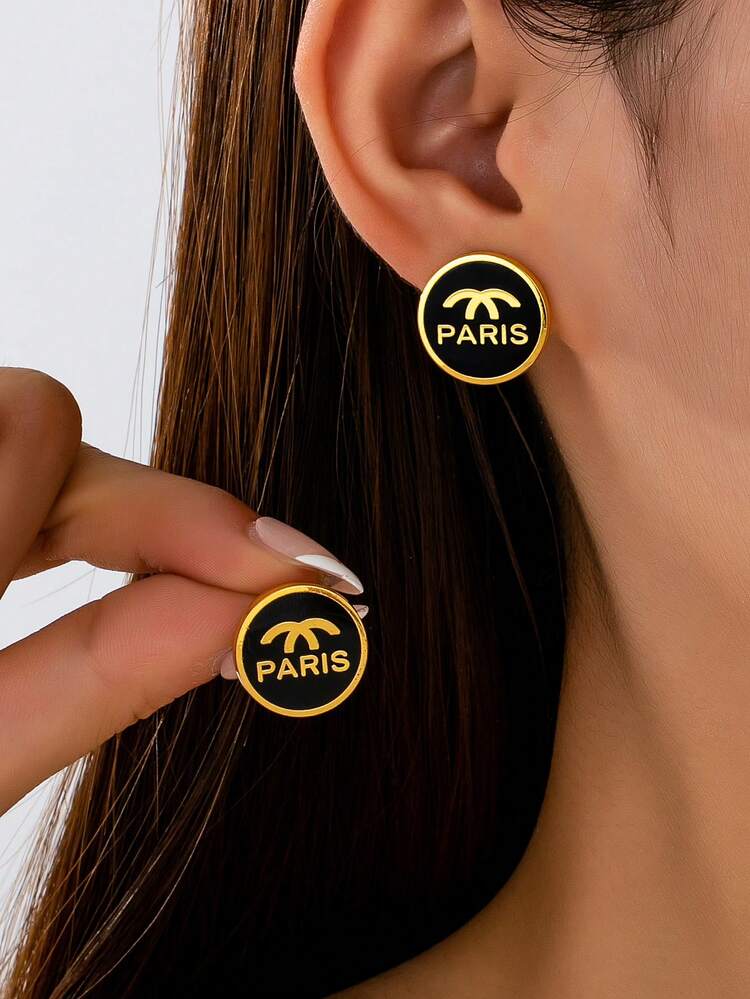 1 Pair Vintage Parisian Style Studs, Classic Black, Gold Rim Circular Earring For Women, Retro Fashion Jewelry - Black Round Inlaid Double C Earrings - View 1