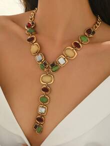 1 件复古夸张时尚仿宝石 Y 形流苏长项链，巴洛克奢华几何粗链项链吊坠，适合女性日常、派对和活动穿着 - 金色 - 查看 1