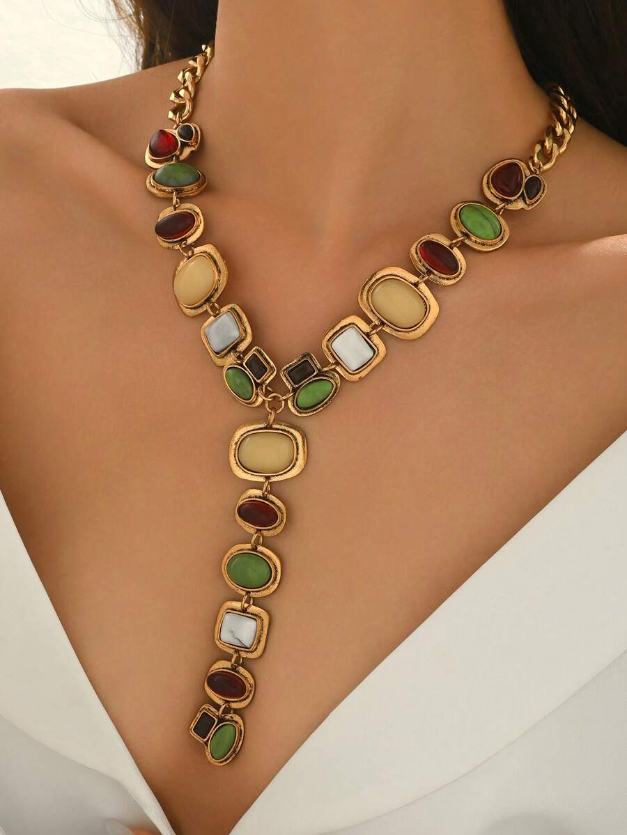 1 件复古夸张时尚仿宝石 Y 形流苏长项链，巴洛克奢华几何粗链项链吊坠，适合女性日常、派对和活动穿着 - 金色 - 查看 1