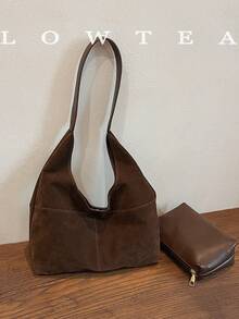 low tea 2 件女士绒面革托特包，复古休闲大容量单肩包，带多个口袋，磁扣，可调节肩带，适合少女、大学生、通勤者、办公室、旅行，绒面革钱包，复古风格女士复古包，新款秋冬女包，最佳秋季钱包，最新时尚女士绒面革包，完美搭配秋季服装女士秋季服装