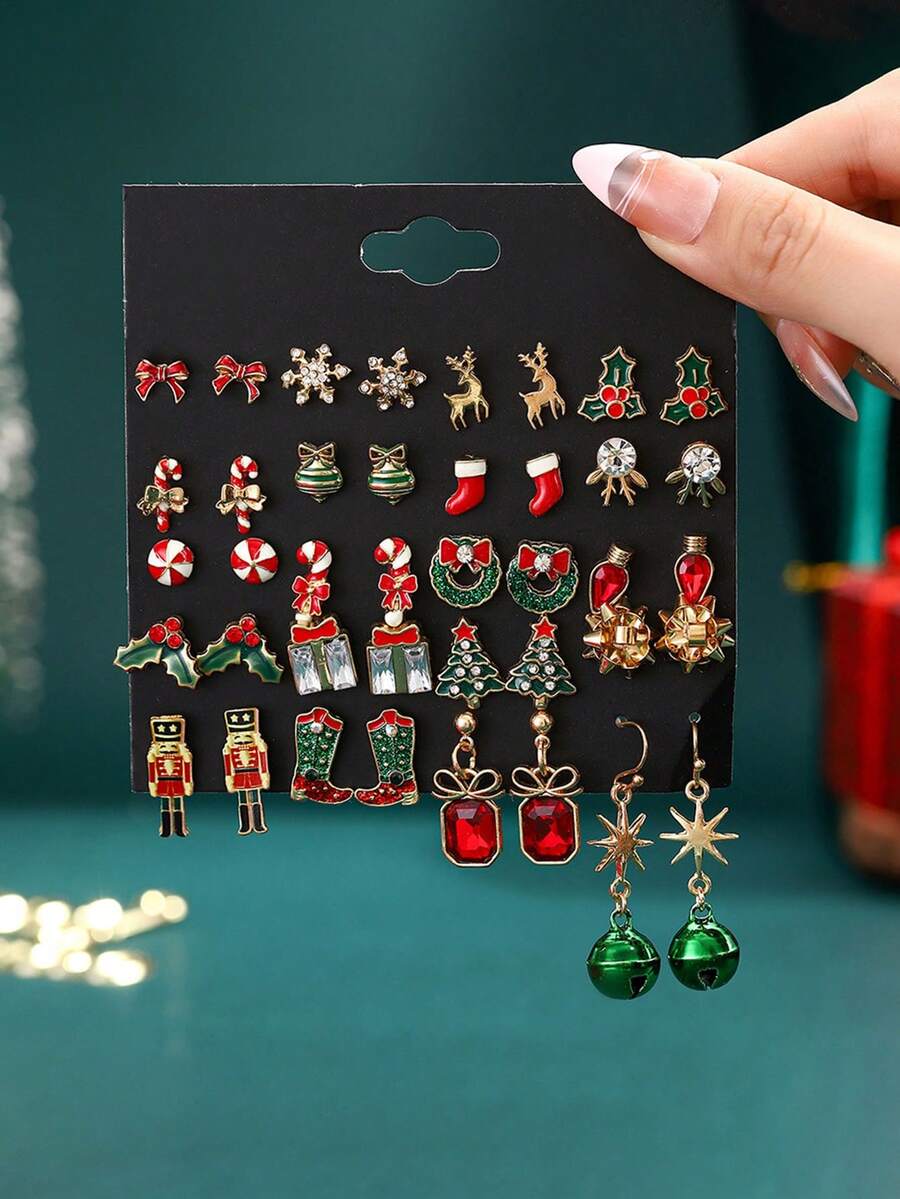 1 套 20 对圣诞树、领结、雪人、驯鹿耳环套装，适合圣诞派对 - 彩色 - 查看 1