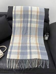 女士格子围巾，带流苏，秋冬季百搭披肩 - 日系格子藍 - 查看 4