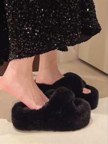 2025 New Women's Winter Viral Thick-Sole High Heel Fluffy Slippers For Outdoor Wear, Autumn New Fairy Style Short Girl Slouchy Increasing Height Platform Slippers, Home/Office Slippers, Size 34-42