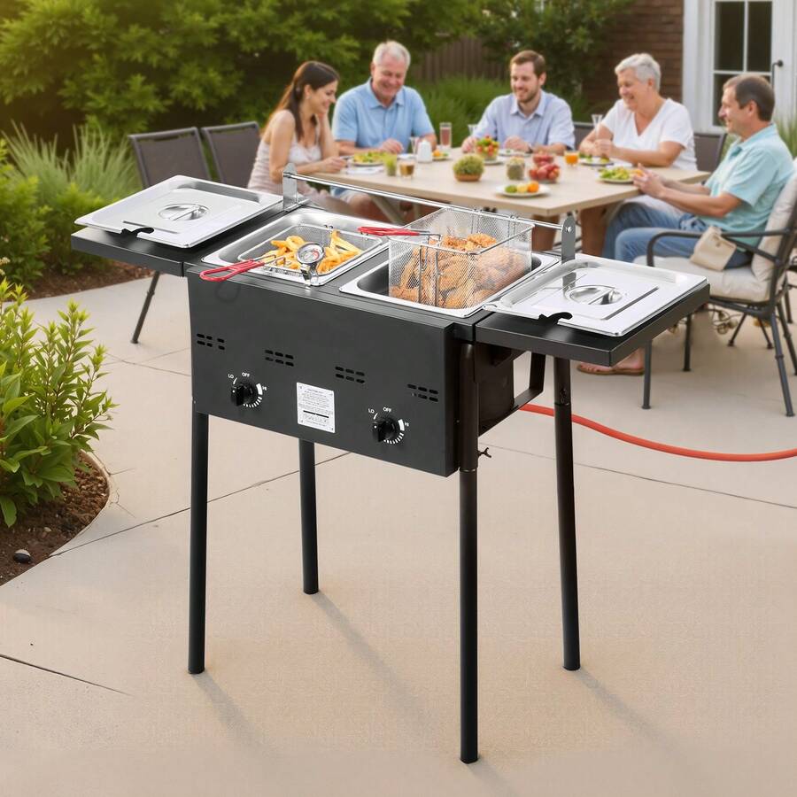 Outdoor Propane Deep Fryer, Dual-Tank 8QTx2 Commercial Fryer, Stainless Steel Cooker With Foldable Platform, Dual Basket, And Heat Adjustment, Floor Standing Fryers For Restaurant Home Snack Bar - 8QTx2 - View 1