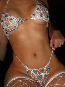 European And American Blue Crystal Bikini Set Party Necklace Body Chain Sexy Summer Beach Underwear Chain Wholesale