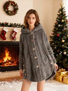 4 件套女士毛绒夹克轻便舒适纽扣连帽衬衫女式冬季外套休闲大码床上夹克，羊羔绒夹克女式羊羔绒外套纽扣长袖夹克休闲秋冬保暖外套 - 彩色 - 查看 3