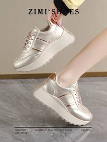 1 Pair Women's Round Toe Thick Sole Casual Sneakers, Gold/Silver Gump Style Lace-Up Outdoor Shoes, Suitable For Running, Hiking, All Seasons - Gold - View 6