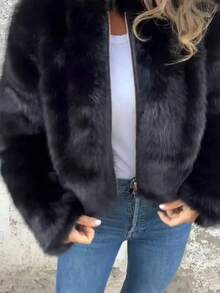 Large Size, Large Size Women's Winter Short-Sleeved Zipper Jacket With Artificial Fur Collar - A Thick And Soft Coat With Loose Long Sleeves In Red/Black Color, Machine Washable And Warm, Suitable For Both Casual And Formal Occasions (Suitable For All Seasons), Women's Winter Jacket, Christmas Gift - Green - View 6