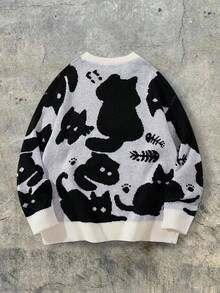 ANDREILEE Unisex Casual Loose Pullover Sweater With Cute Cat Intarsia Pattern, Relaxed Fit Round Neck Long Sleeve Knitted Tops For Spring, Autumn And Winter - Grey - View 4