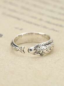 1PC Vintage-Style Ancient Silver Color Fish Charm Open Ring, Suitable For Both Men And Women, Perfect For Daily And Festive Outfits, Can Be Given As A Gift To Friends. - 魚 戒指 - 查看 4