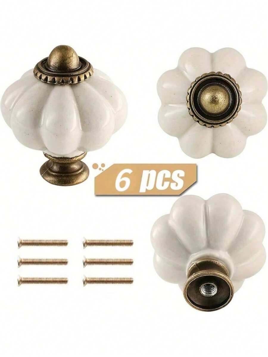 6pcs Acrylic Pumpkin Knobs, Vintage Cabinet Drawer Pulls, Single Hole With Screws, Decorative Dresser & Closet Hardware, Furniture Accessories For Home Renovation - Multicolor - View 1