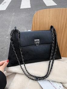 Fashionable Elegant Street Vacation Solid Color Chain Retro Versatile Shopping Shoulder Envelope Tote Bag - Black - View 2