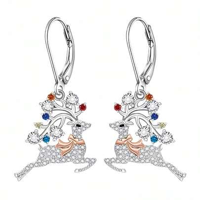 925 Silver Creative Christmas Reindeer Pendant Earrings With Gemstone Inlay, Fashionable Jewelry Earrings, Best Choice For Holiday Party Wear And Gift