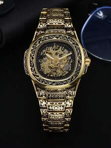 1 chiếc đồng hồ nam cơ tự động rỗng, khắc số kiểu cổ điển, chống nước - Nhiều màu - Xem 7