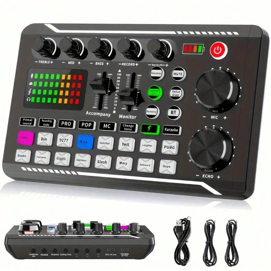 USB 供电现场声卡，带音频接口、DJ 混音效果、变声器和可充电 1200mAh 锂电池，适用于直播、播客和游戏 - 录音棚设备 - 黑色 - 查看 1